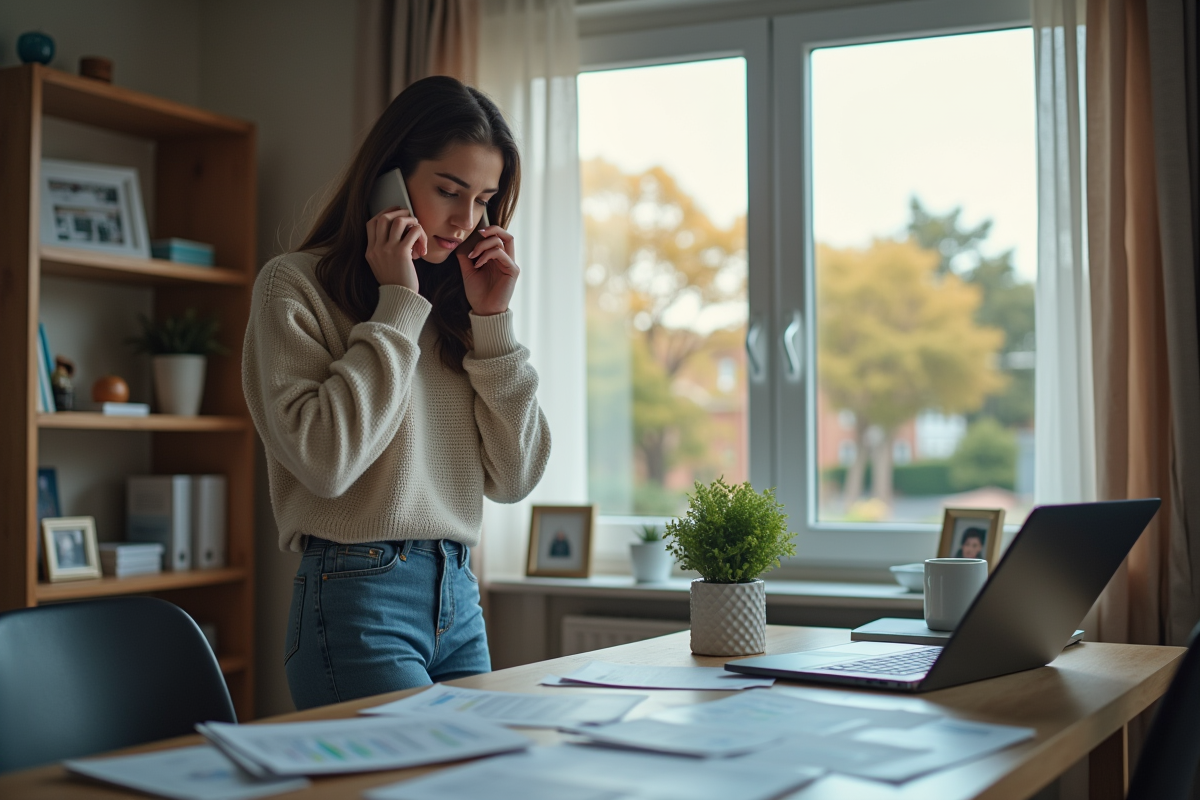 Jeune femme parle au téléphone dans un bureau à domicile
