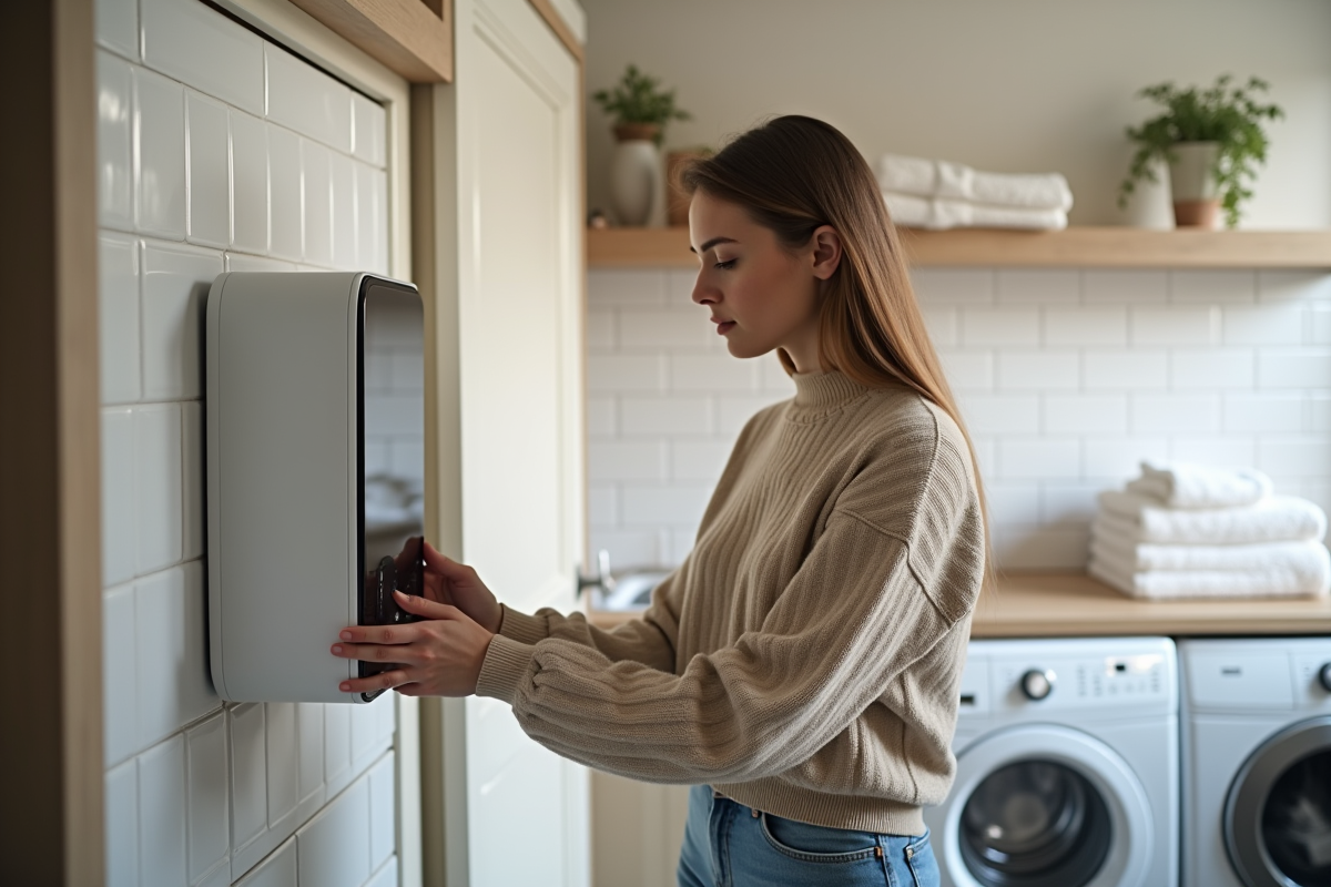 Jeune femme observant un chauffe-eau thermodynamique intérieur