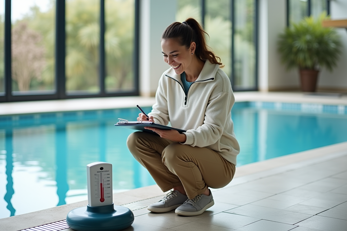 Femme souriante vérifie un thermomètre dans une piscine intérieure