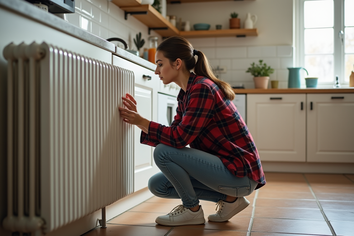 Jeune femme vérifiant la température près du radiateur en cuisine