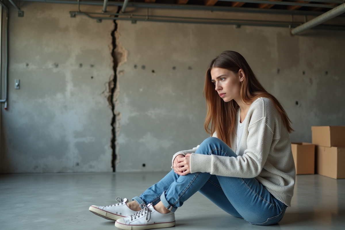 Jeune femme regarde fissure mur beton sous-sol