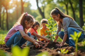 Groupe divers plantant des arbres dans un parc communautaire