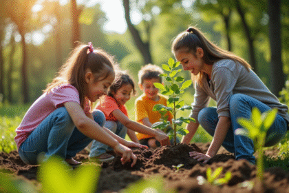 Groupe divers plantant des arbres dans un parc communautaire