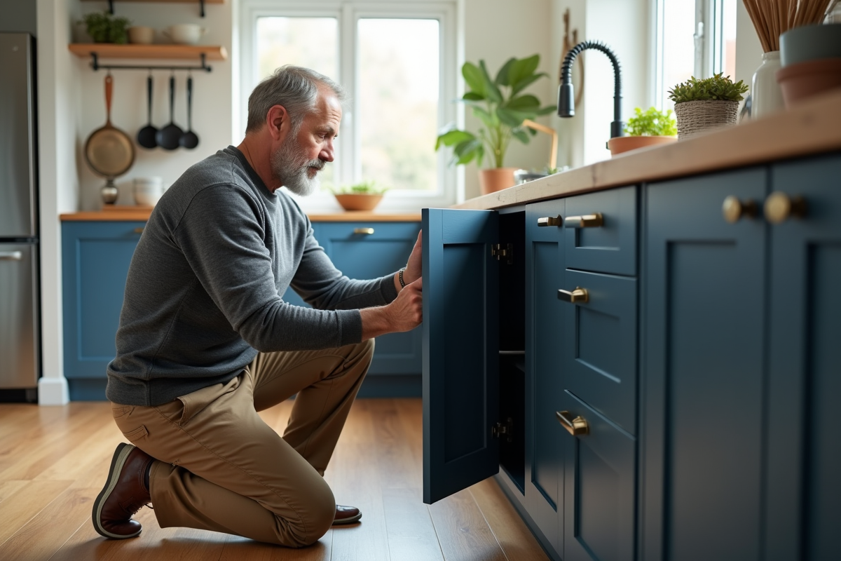 Homme examinant des portes de cuisine peintes en bleu marine