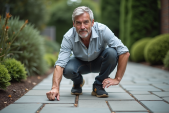 Homme d'âge moyen observant un pavé en extérieur