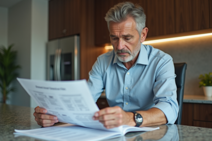 Homme d'affaires examine des documents de sécurité à la maison