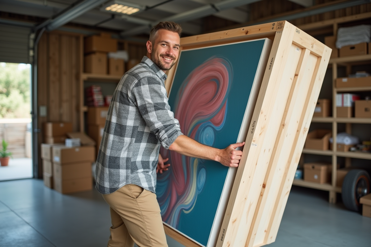 Homme sécurisant une œuvre d art dans un garage organisé