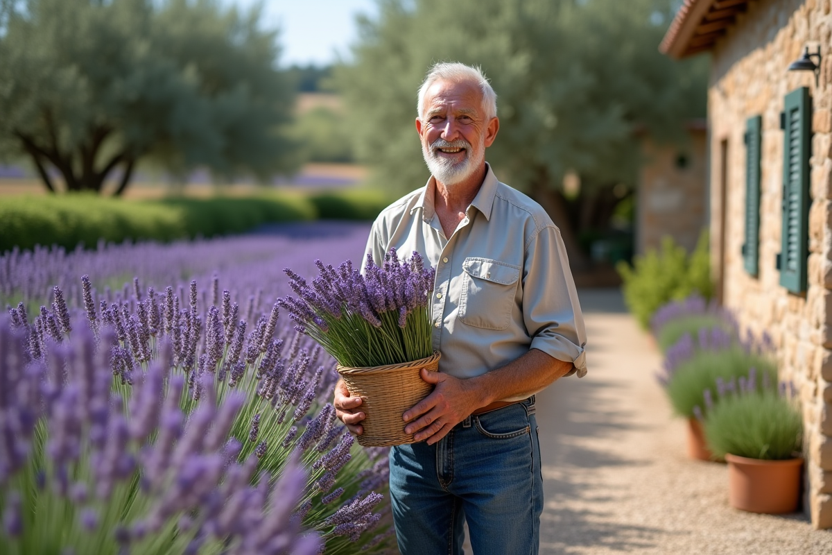 Homme âgé avec panier de lavande dans un jardin rural