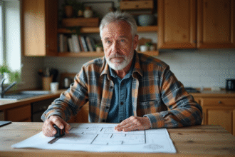Homme en jeans examine des plans de maison dans une cuisine chaleureuse