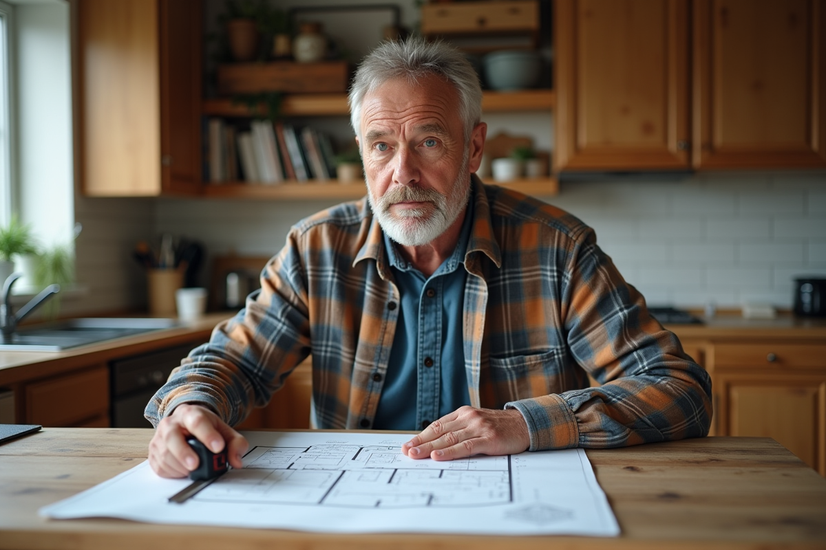 Homme en jeans examine des plans de maison dans une cuisine chaleureuse