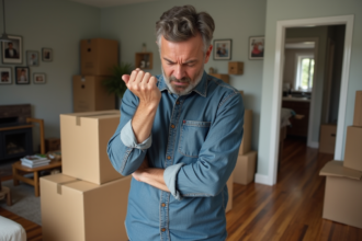 Homme d'âge moyen avec tension dans la main près des cartons