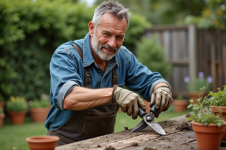Homme d'âge moyen nettoie des cisailles de jardin sales