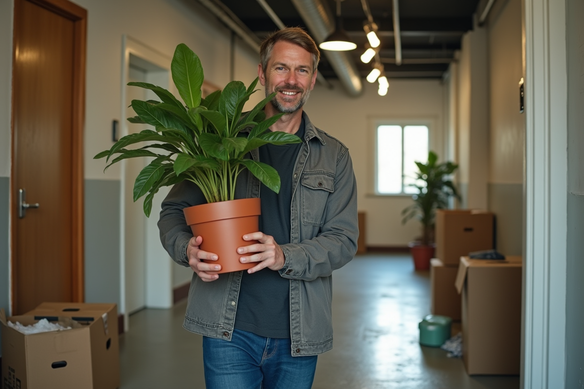 Homme portant une plante dans un couloir d