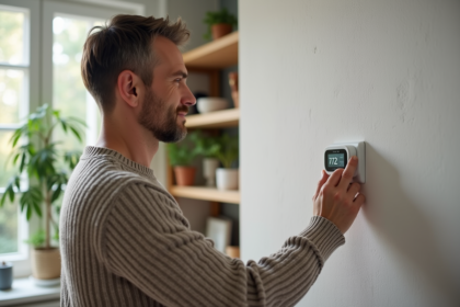 Homme d'âge moyen ajustant le thermostat dans un salon moderne
