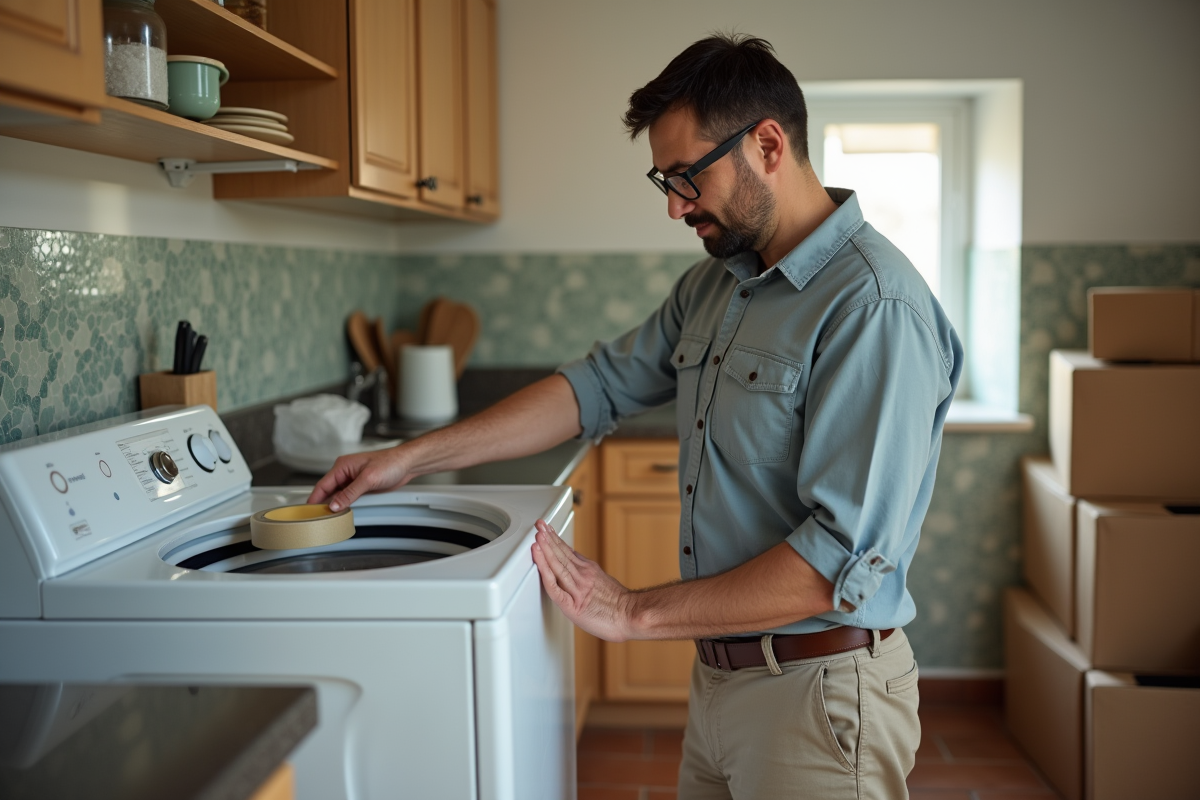 Homme réparant une machine à laver dans une cuisine de transition