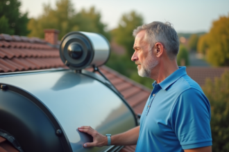 Homme inspectant un chauffe-eau solaire sur le toit