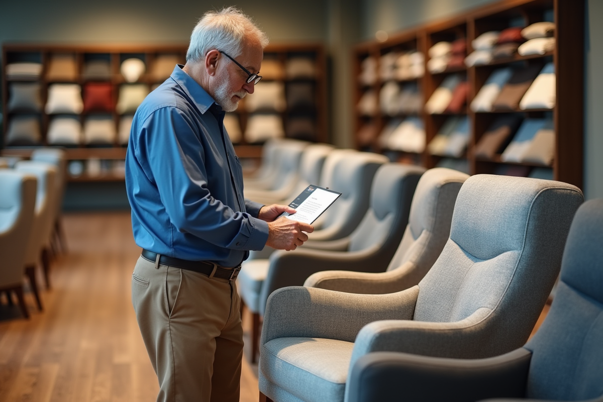 Homme âgé examinant des coussins dans un showroom de meubles