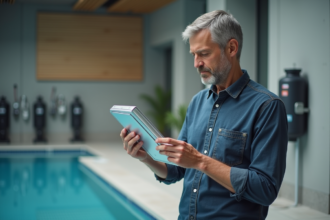 Homme vérifiant un filtre de piscine moderne en intérieur