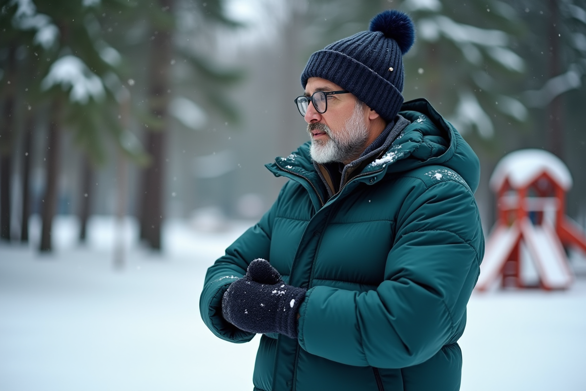 Homme en manteau puffer ajustant ses mitaines dans la neige