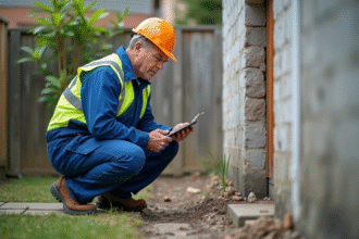 Ouvrier construction examine fissures fondation maison