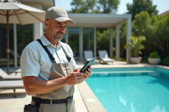 Homme inspectant le panneau de contrôle d'une piscine au sel