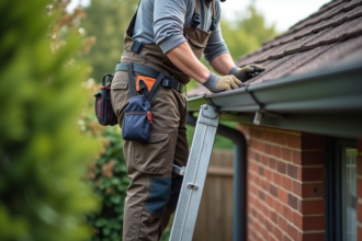 Homme en pantalon de travail installe une gouttiere en metal