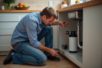 Homme installant un système de filtration d'eau sous évier dans une cuisine chaleureuse