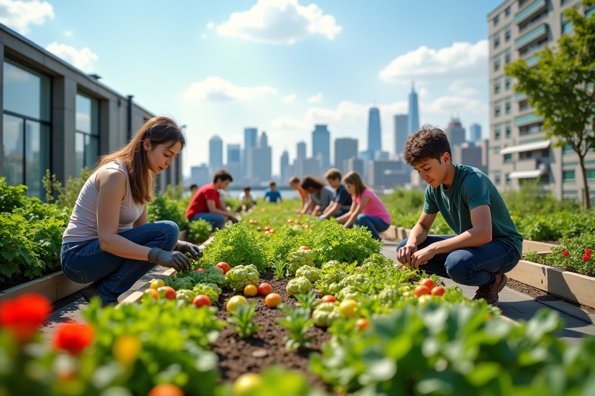 Jardin communautaire sur un toit en ville avec personnes cultivant légumes