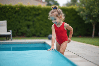 Jeune fille en maillot rouge touche la couverture de piscine