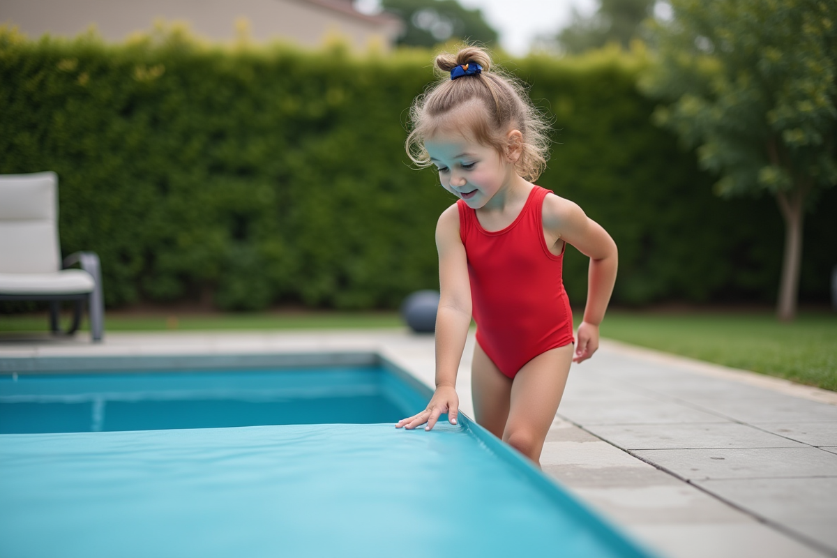 Jeune fille en maillot rouge touche la couverture de piscine