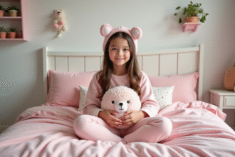 Jeune fille souriante en pyjama dans sa chambre cosy