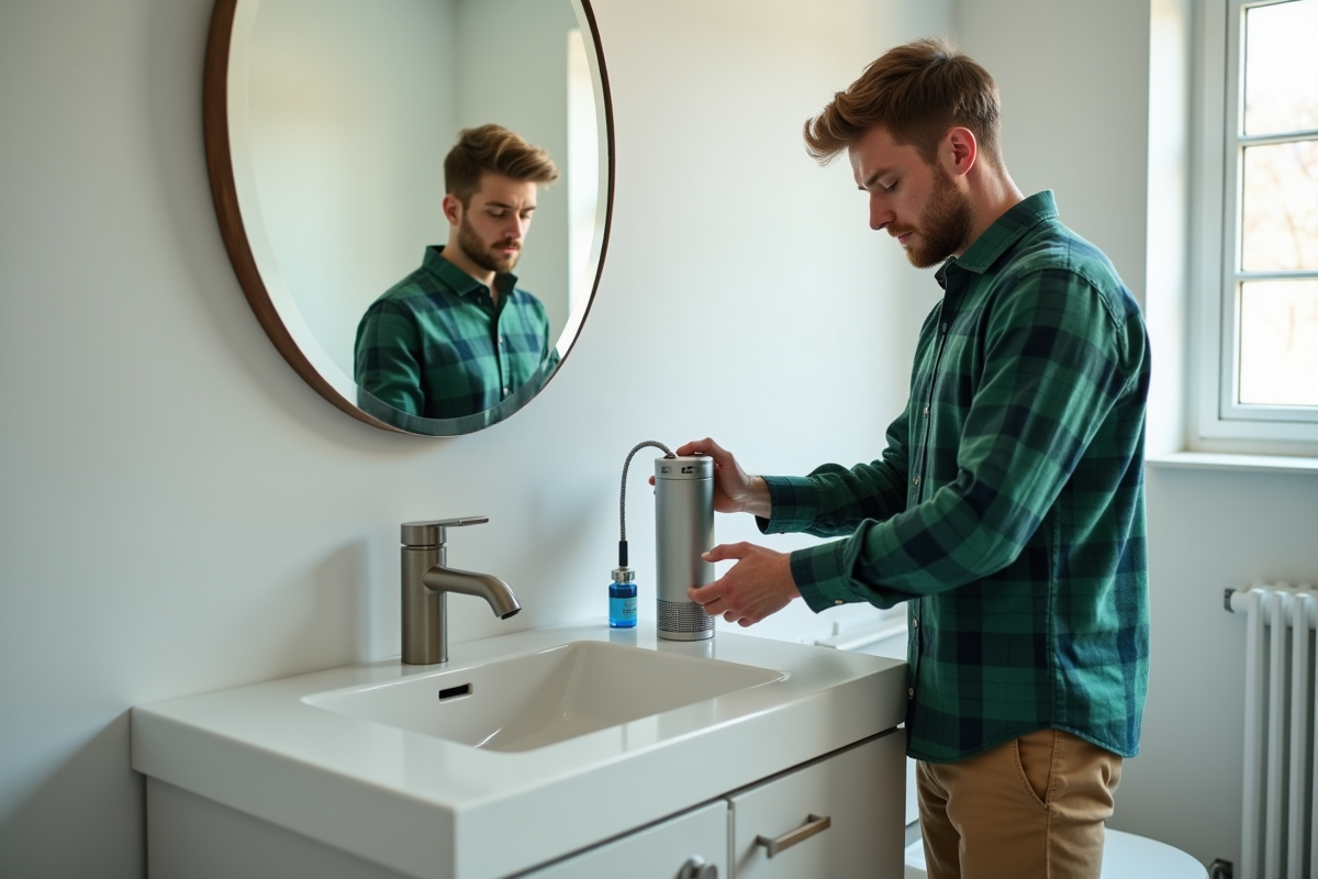 Jeune homme connectant un filtre à son robinet