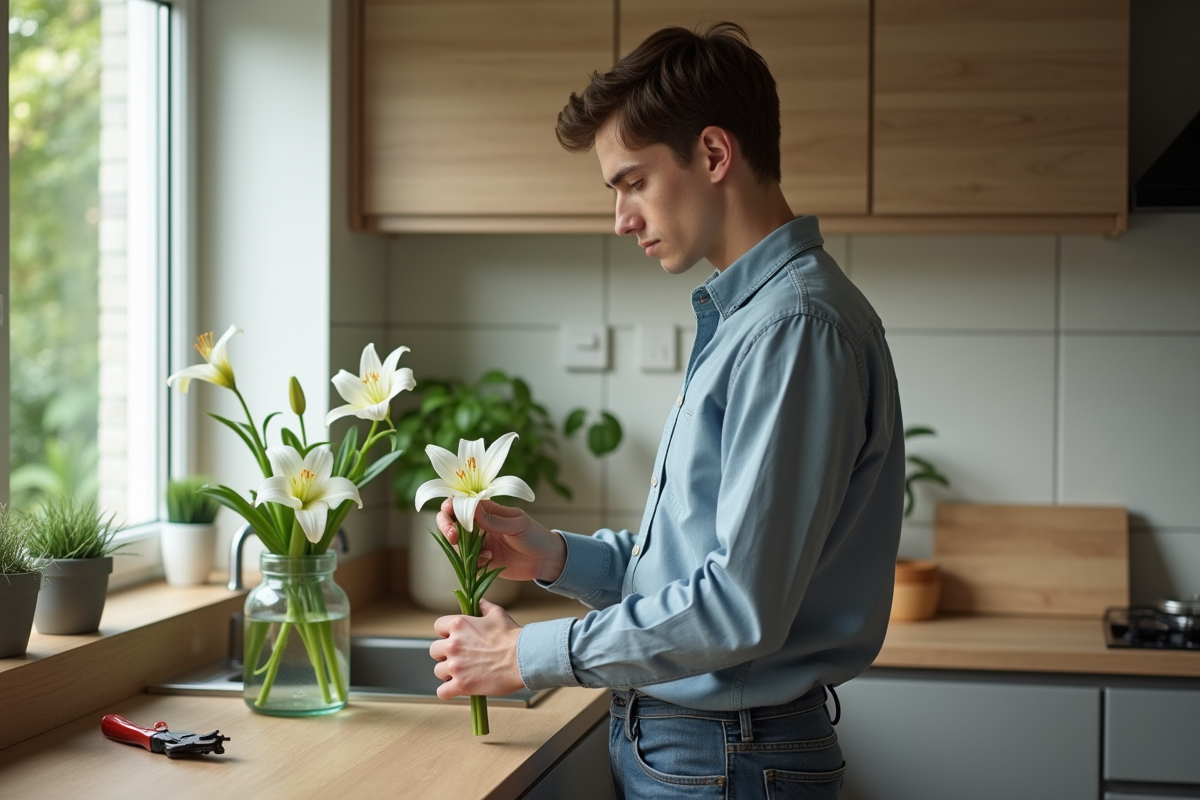 Jeune homme inspectant une tige de lys dans la cuisine