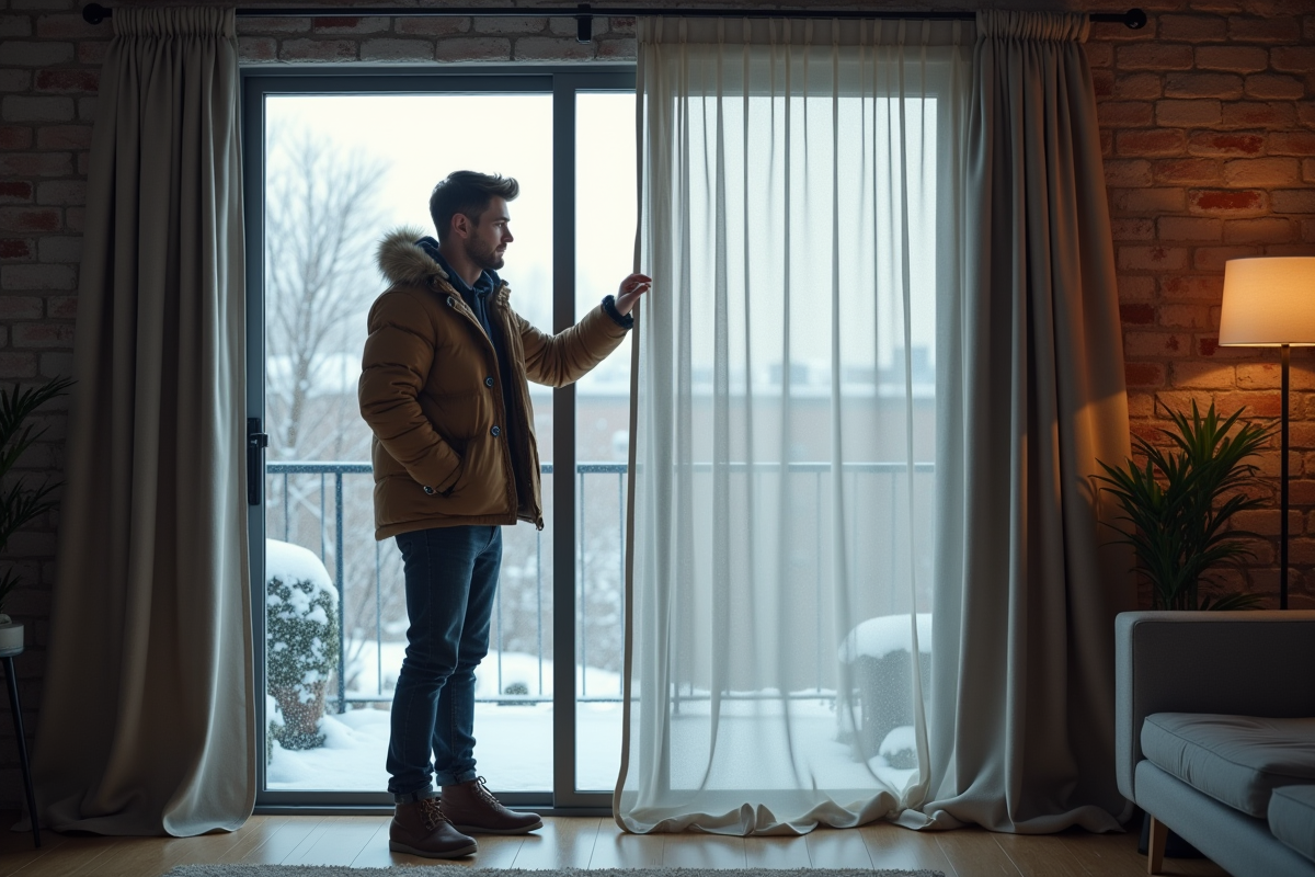 Jeune homme vérifie un rideau thermique en ville