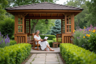 Femme détendue sous un gazebo en jardin résidentiel
