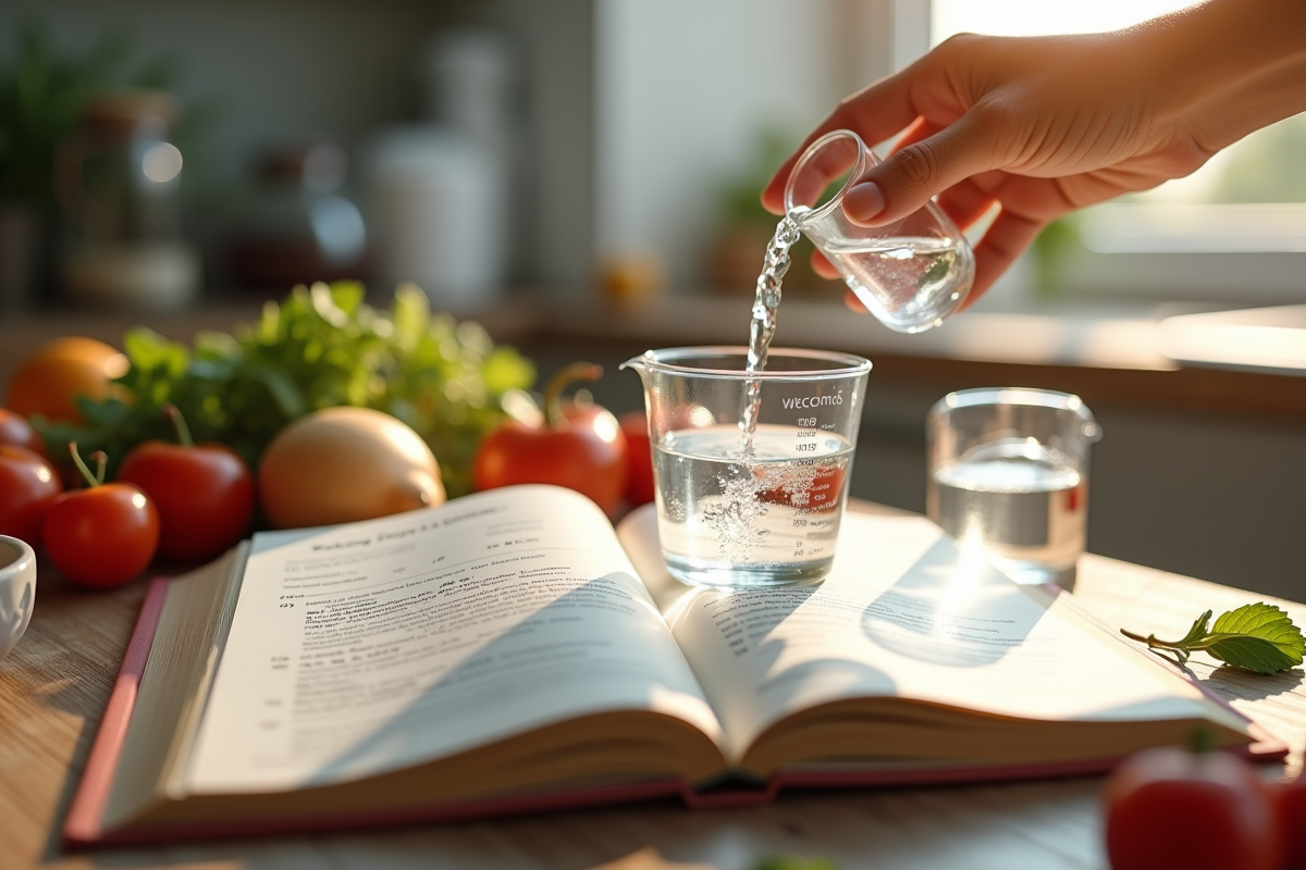Livre de recettes ouvert avec ingrédients frais et versement d