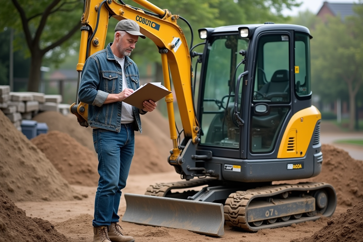 Ouvrier avec miniexcavator sur chantier de banlieue