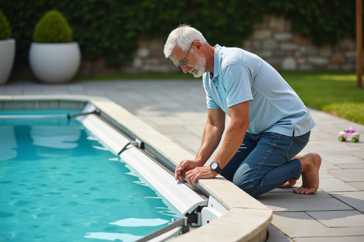 Père en été sécurise la couverture automatique de la piscine