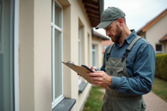 Peintre homme calculant les coûts devant une maison