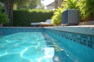 Piscine extérieure moderne avec pompe à chaleur visible