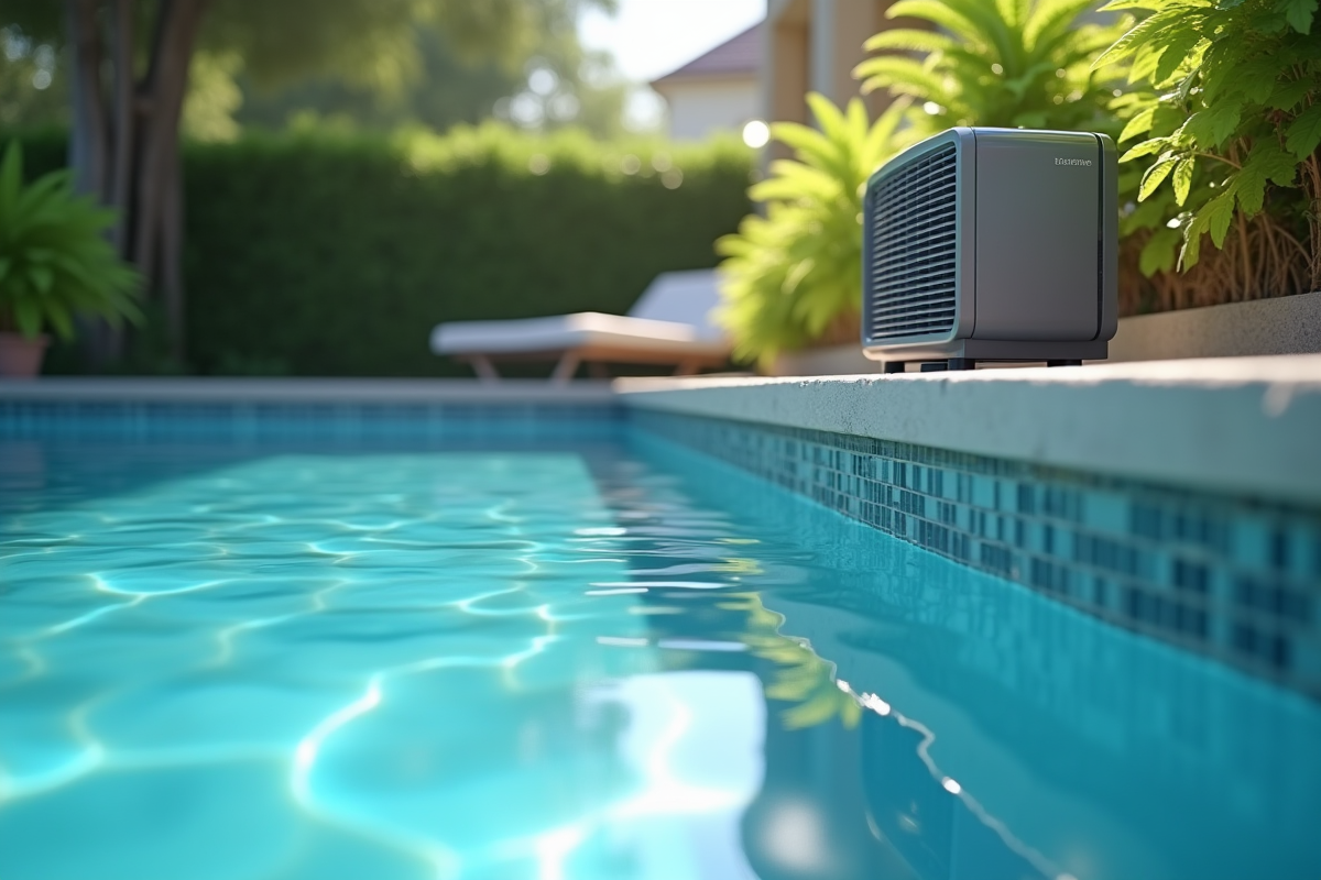 Piscine extérieure moderne avec pompe à chaleur visible