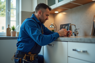 Plombier homme en uniforme répare un tuyau sous évier cuisine