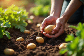 Main récoltant des pommes de terre dans un jardin ensoleille