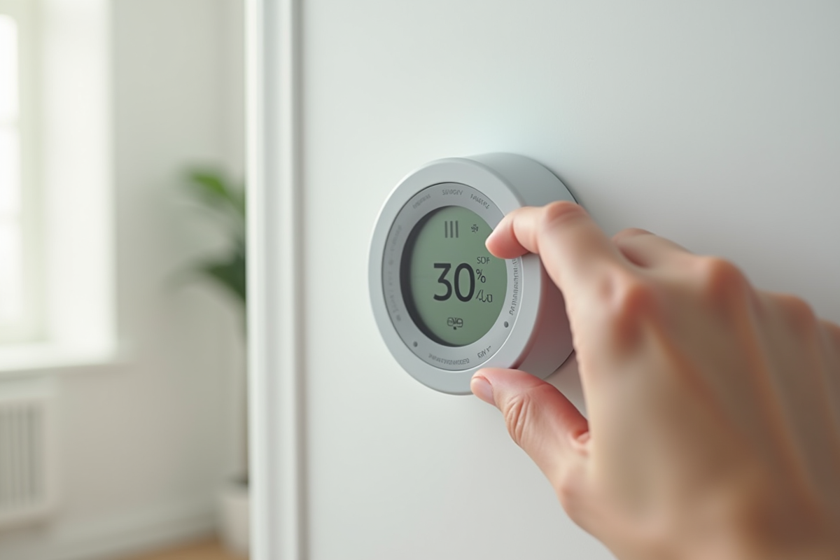 Main ajustant thermostat digital avec symbole d economie