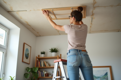 Femme appliquant des panneaux adhésifs au plafond du salon