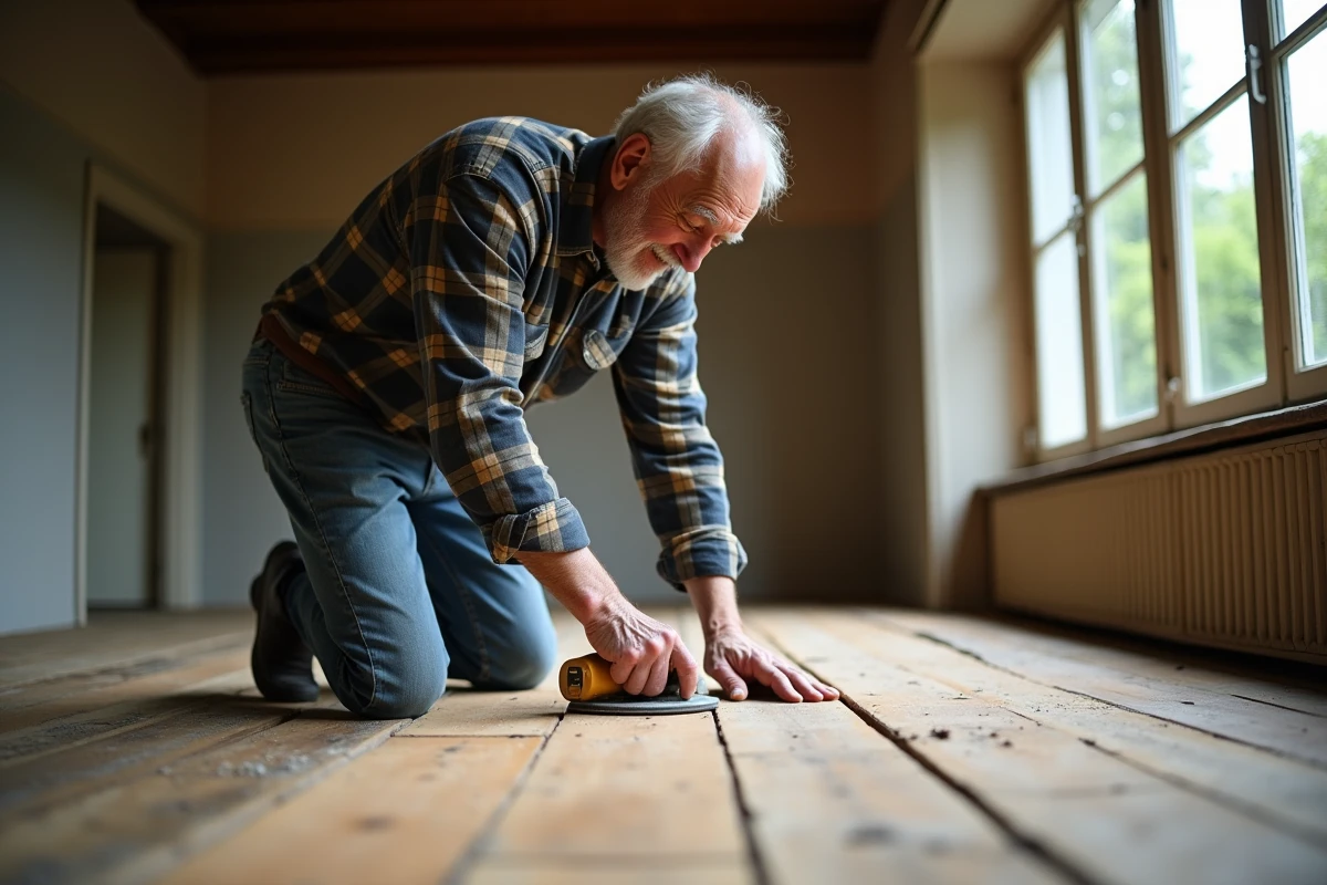 Homme âgé ponçant un vieux parquet avec un bloc à main