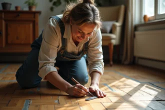 Femme d'âge moyen appliquant du mastic sur un parquet ancien