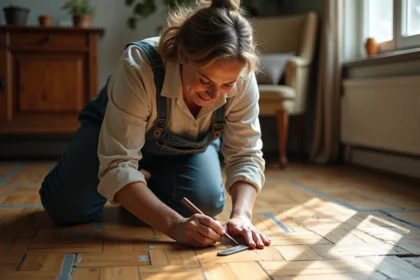 Femme d'âge moyen appliquant du mastic sur un parquet ancien