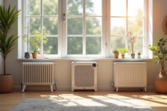 Salon moderne avec radiateurs électriques et grande fenetre