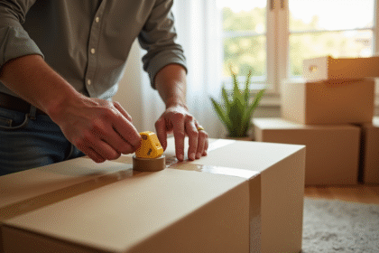 Personne scellant un carton avec du ruban adhésif dans un salon lumineux